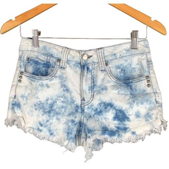 Denim Society 5 Tie Dye Jean Shorts Blue Cutoff Frayed Studded Bleached Mid Rise - Picture 1 of 6